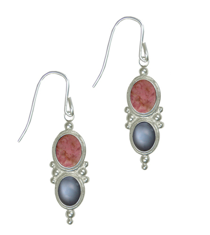 Sterling Silver Drop Dangle Earrings With Rhodonite And Grey Moonstone